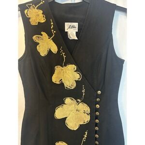 Vintage Alta Black Dress Gold Floral Hand Decorated Sleeveless side slit dress L